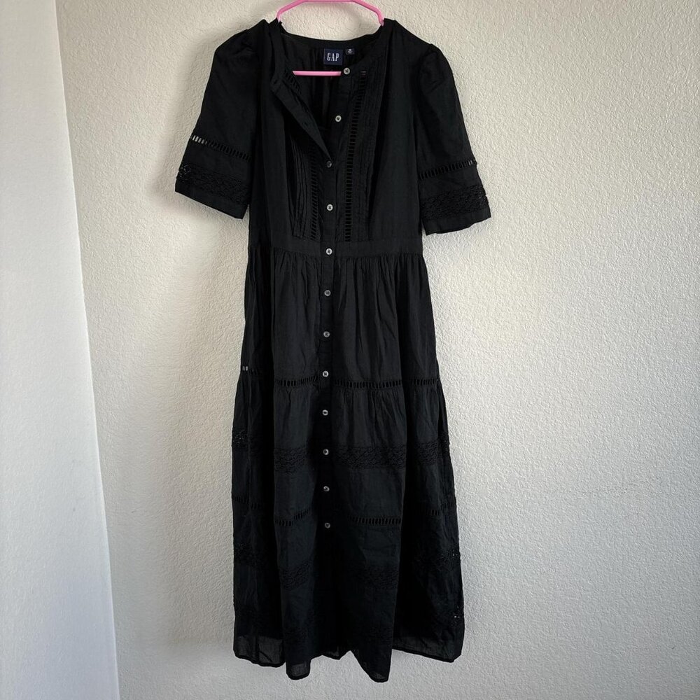 Gap black midi dress with button up front and lace details whimsy goth boho